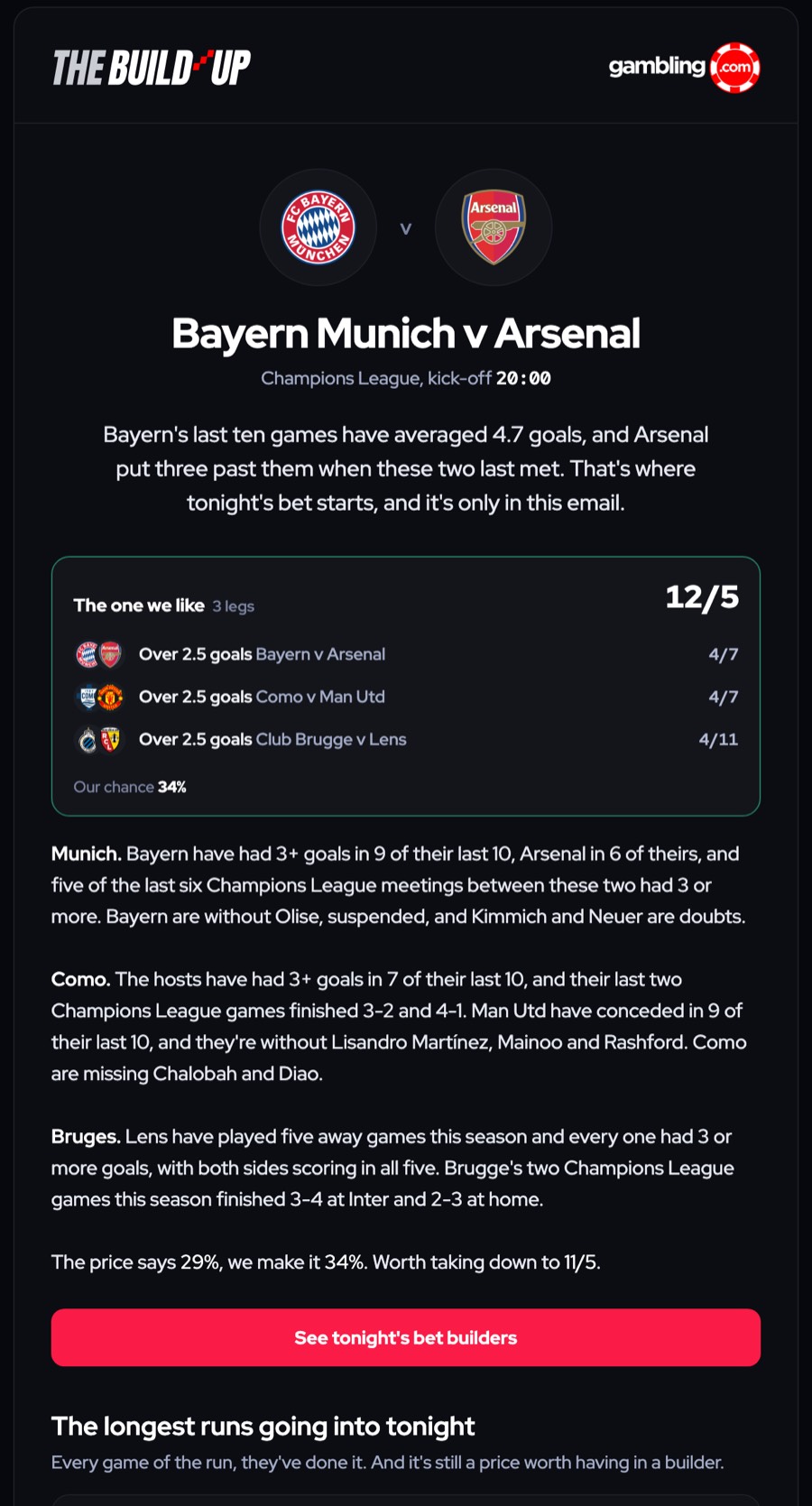 Wednesday's issue of The Build-Up: Bayern Munich v Arsenal, the 12/5 treble we liked with the data behind it, then the longest runs going into the night