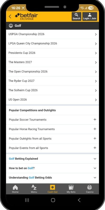 Betfair Australia Golf Betting Markets