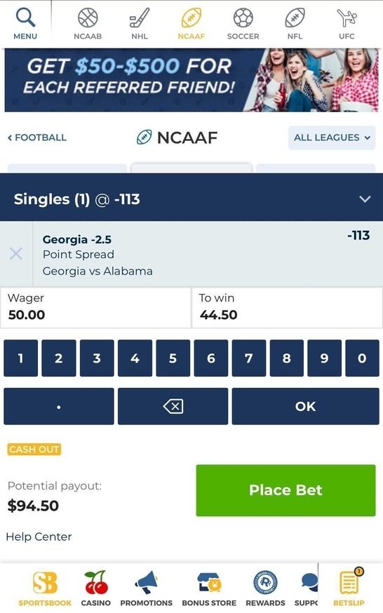 A BetRivers betslip on Georgia-Alabama