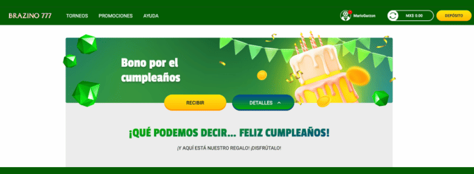 Banner promocional de bono de cumpleaños del casino Brazino777 en español con pastel y gemas.