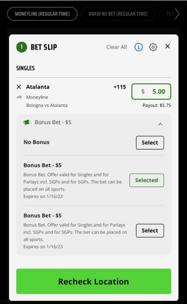 Betslip showing bonus bets wallet