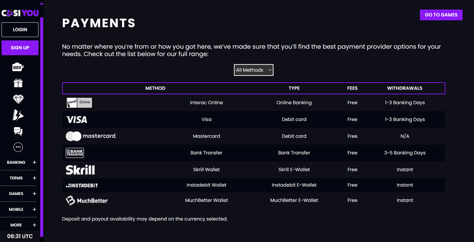 CasiYou Casino Depositing Money