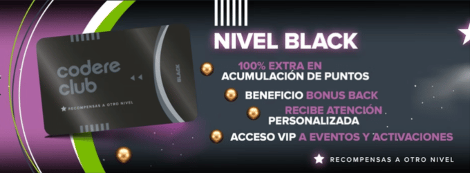 Tarjeta de membresía Codere Club Nivel Black con beneficios VIP que incluyen reembolsos adicionales, atención personalizada y acceso a eventos exclusivos.