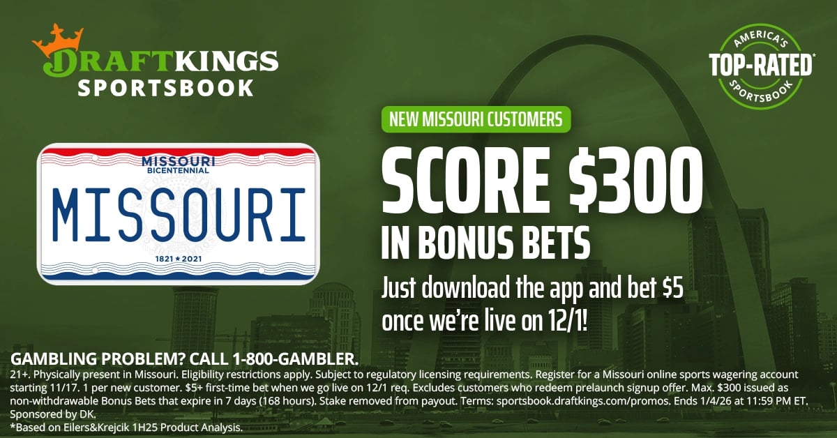 New DraftKings Missouri customers can bet $5 on Dec. 1 and get $300 in bonus bets.