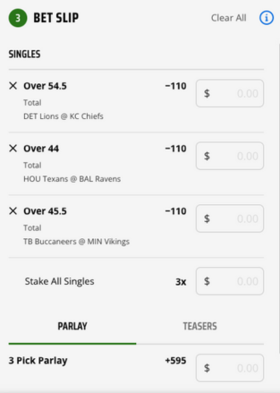 A parlay betslip from DraftKings