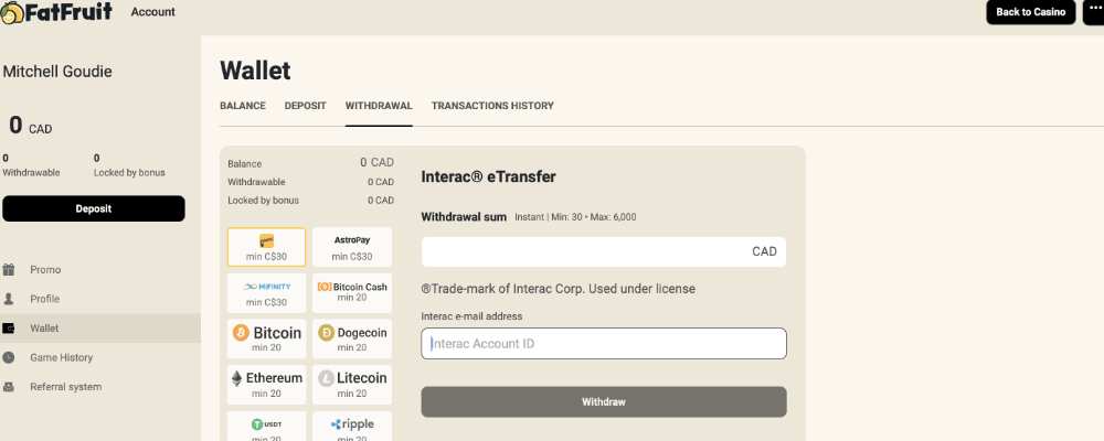 FatFruit Withdraw Winnings