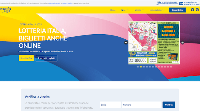 Screenshot homepage lotteria Italia