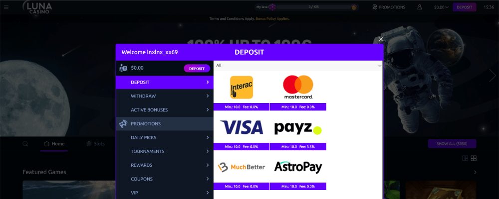 Luna Casino Depositing Money