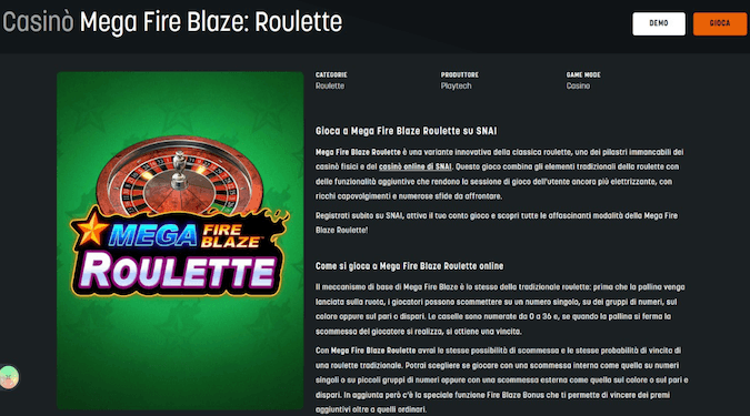 Mega Fire Blaze Roulette SNAI Casino screenshot