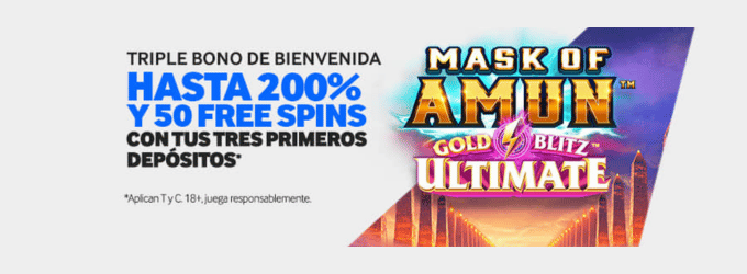 Promoción de bono de bienvenida del casino Betway que ofrece hasta un 200% y 50 giros gratis en el juego de tragamonedas Mask of Amun Gold Blitz Ultimate.