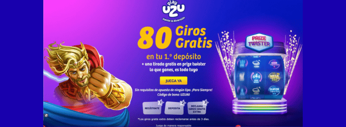 Promoción del casino PlayUZU que ofrece 80 giros gratis en el primer depósito con el bono Prize Twister y la mascota superhéroe.