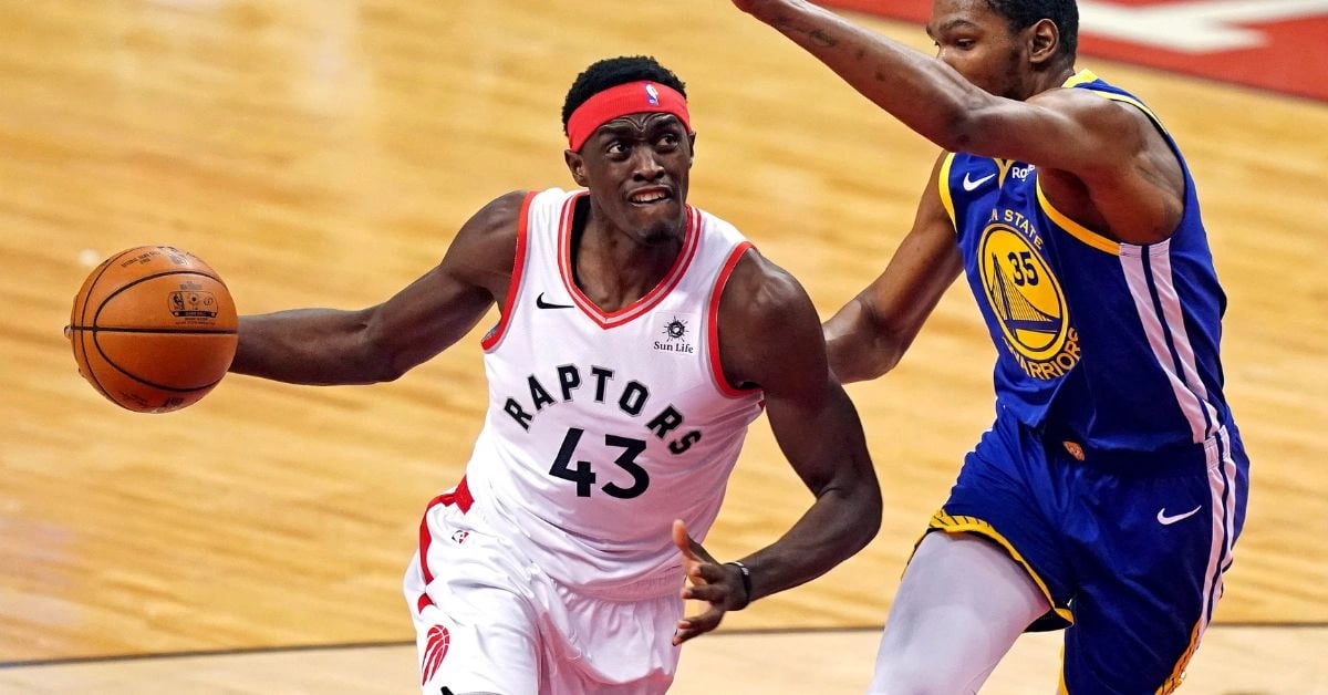 Toronto Raptors forward Pascal Siakam drives to the basket against Golden State Warriors forward Kevin Durant