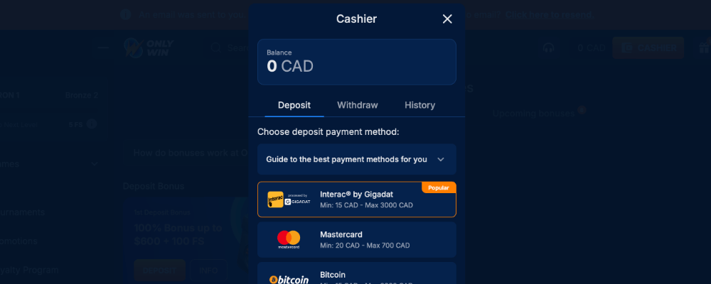 OnlyWin Casino Deposit Money