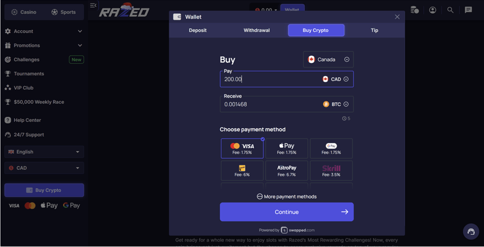 Razed Casino Purchasing Cryptocurrency