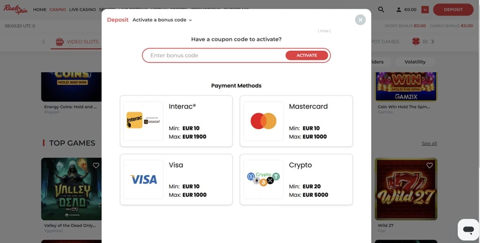 Real Spin Casino Depositing Money