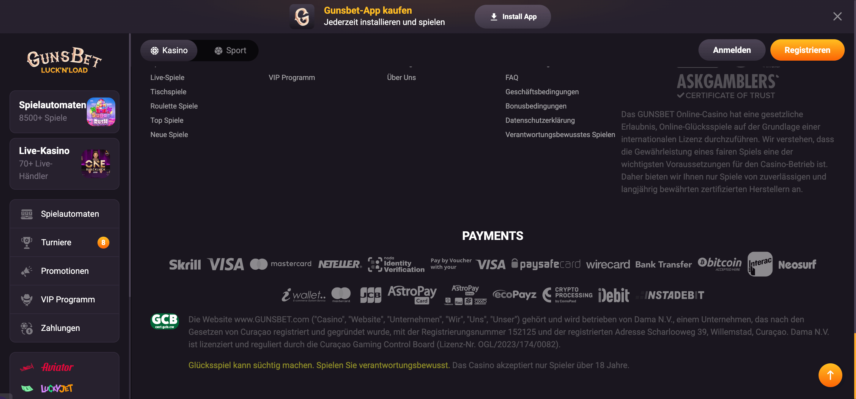 Risikohinweise auf der Gunsbet Webseite