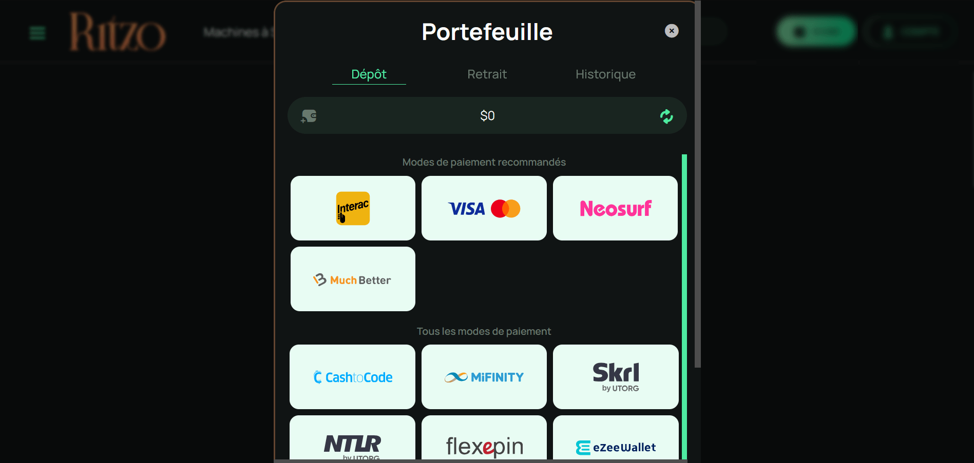 Ritzo Casino déposer de l'argent