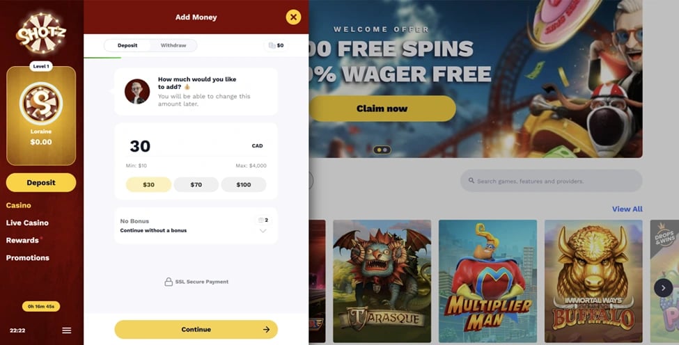 Shotz Casino Depositing Money