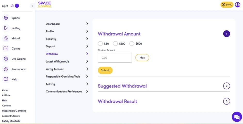 Space Casino Withdraw Winnings