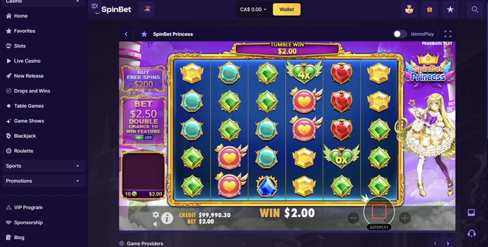 Spinbet Casino game interface