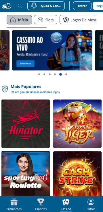 Cassino Sportingbet exibindo jogos de cassino online com apostas em dinheiro real, incluindo caça-níqueis e roleta ao vivo
