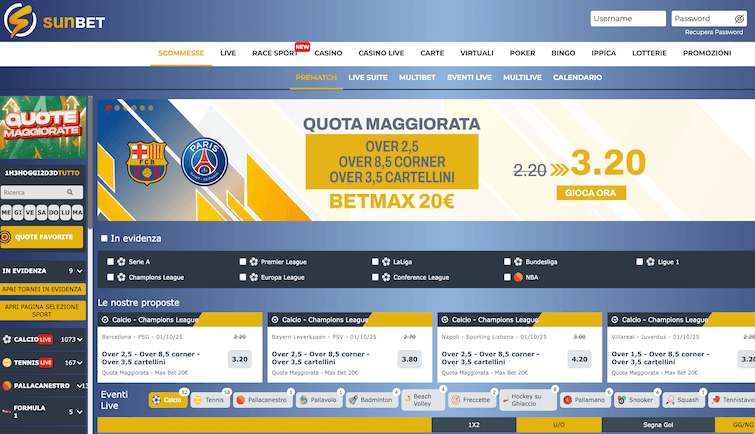 SunBet Scommesse homepage screenshot