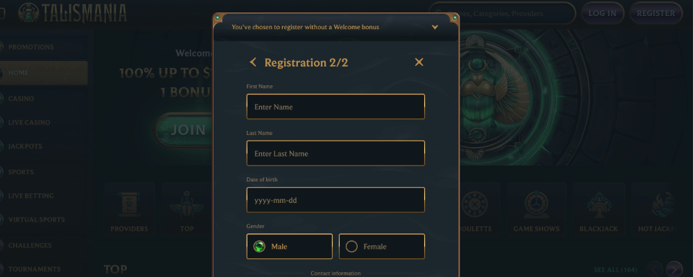 Talismania Casino Canada Registration Information