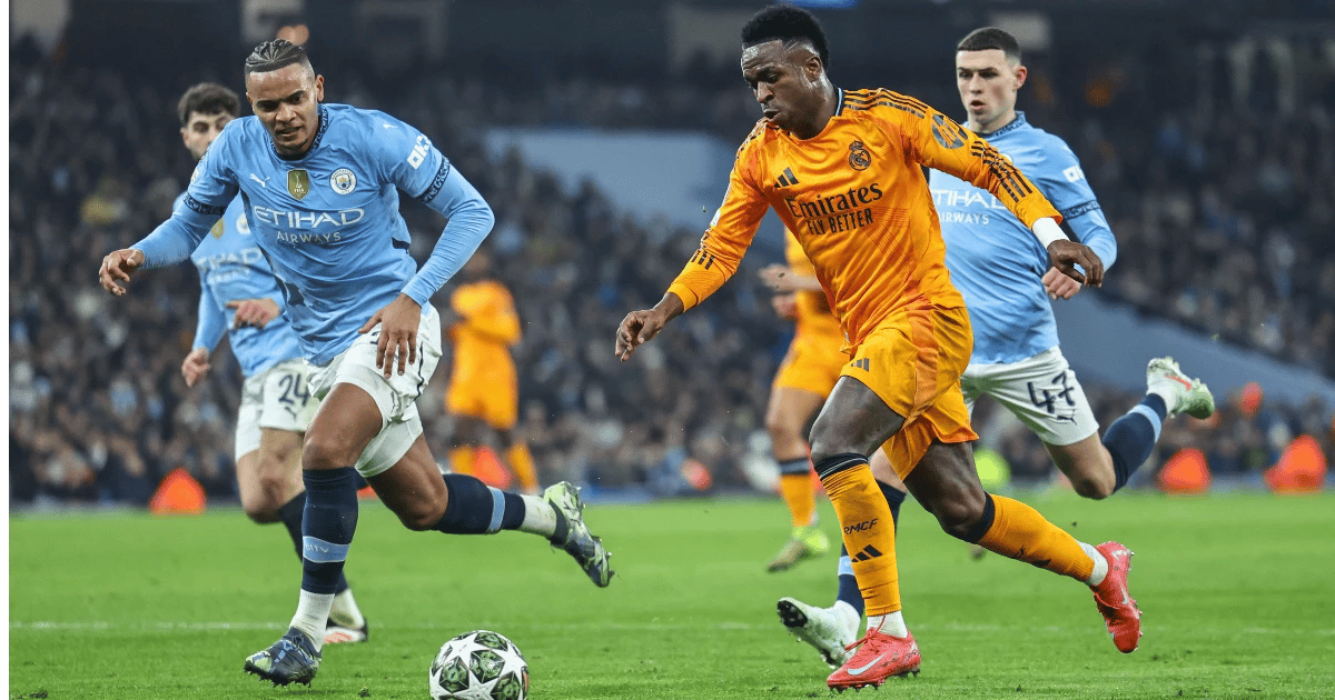 Vinicius Jr gave Manchester City big problems all night in the first leg of their 2024/25 Champions League knockout tie