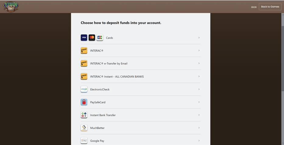 Yukon Gold Casino Payment Options