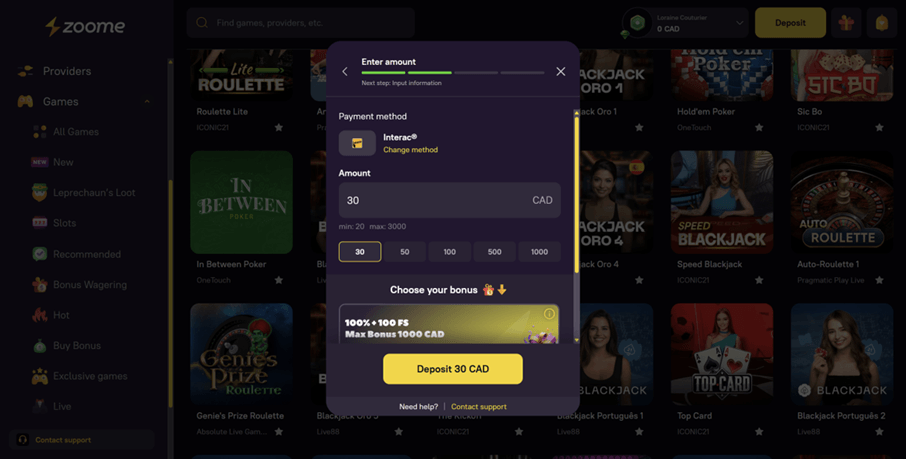 Zoome Casino Depositing Money