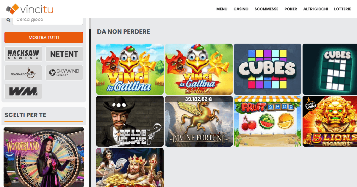 Schermata delle slot Vincitu che mostra interfaccia di gioco