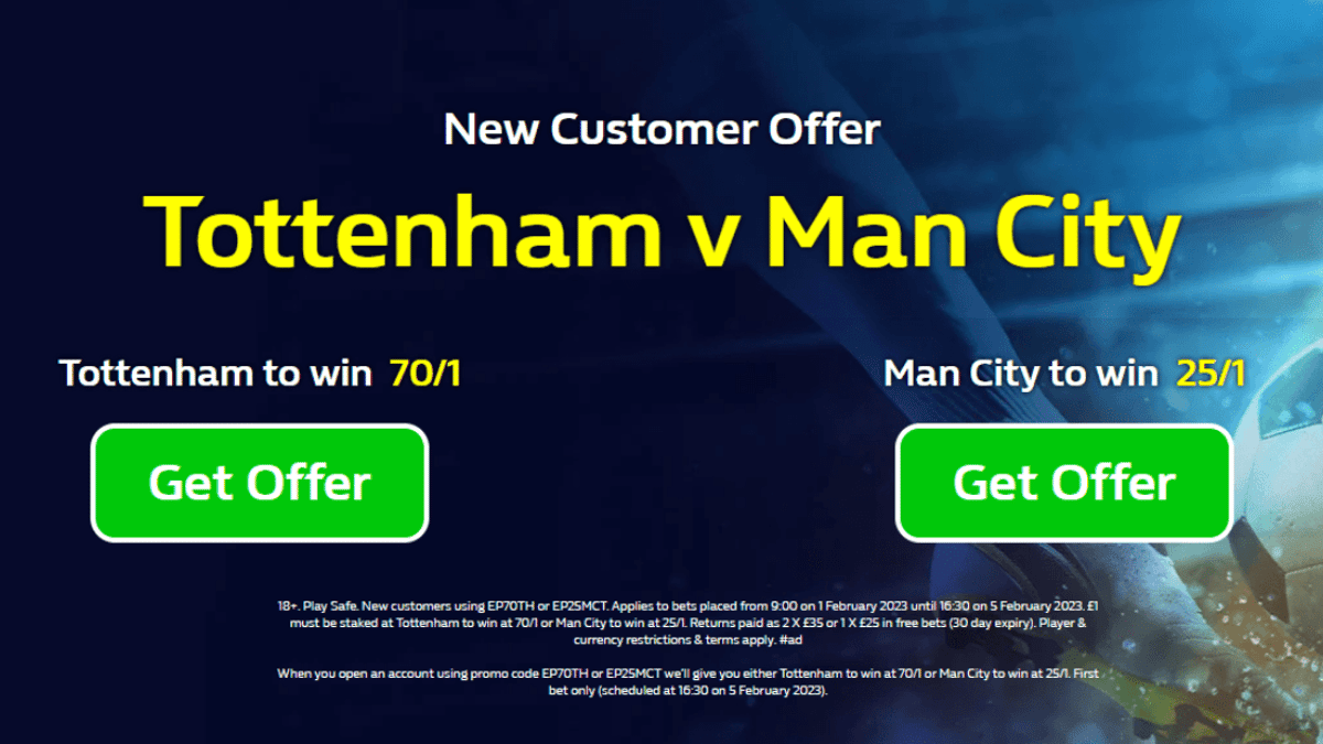 Tottenham vs Man City Odds: Back Tottenham at 70/1 or Manchester City at 25/1 with William Hill