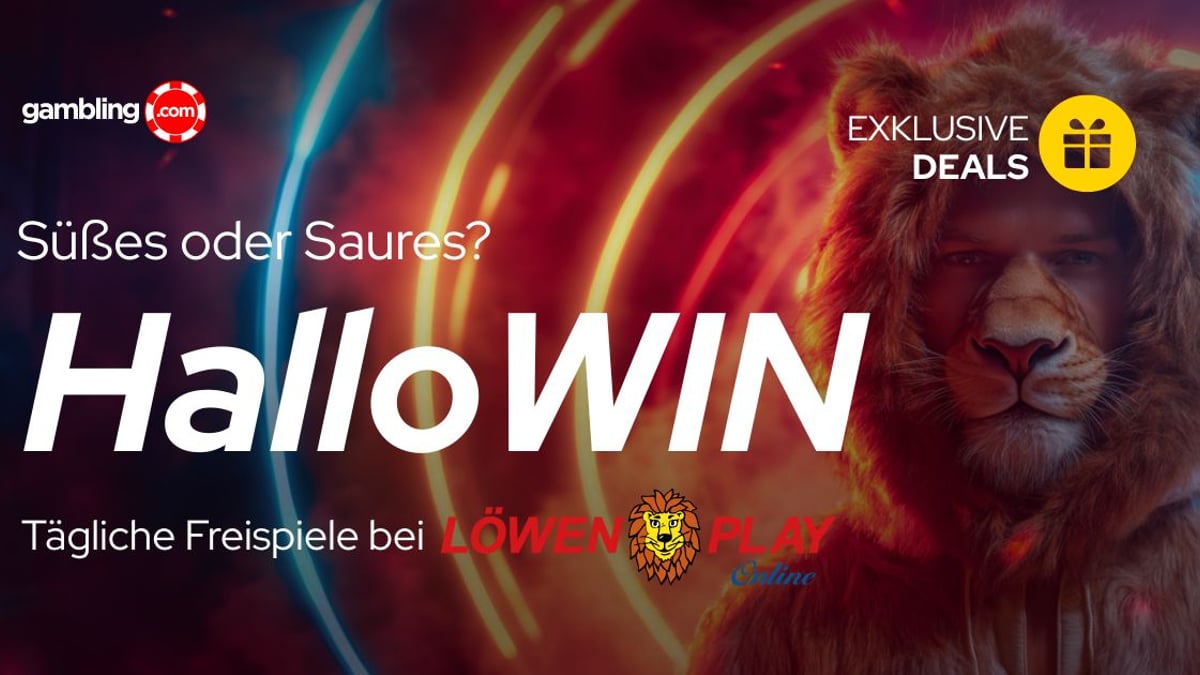 Ein Banner für die Löwen Play HalloWIN Casino Bonus-Aktion 2025 mit Halloween-Kürbissen und dem Logo