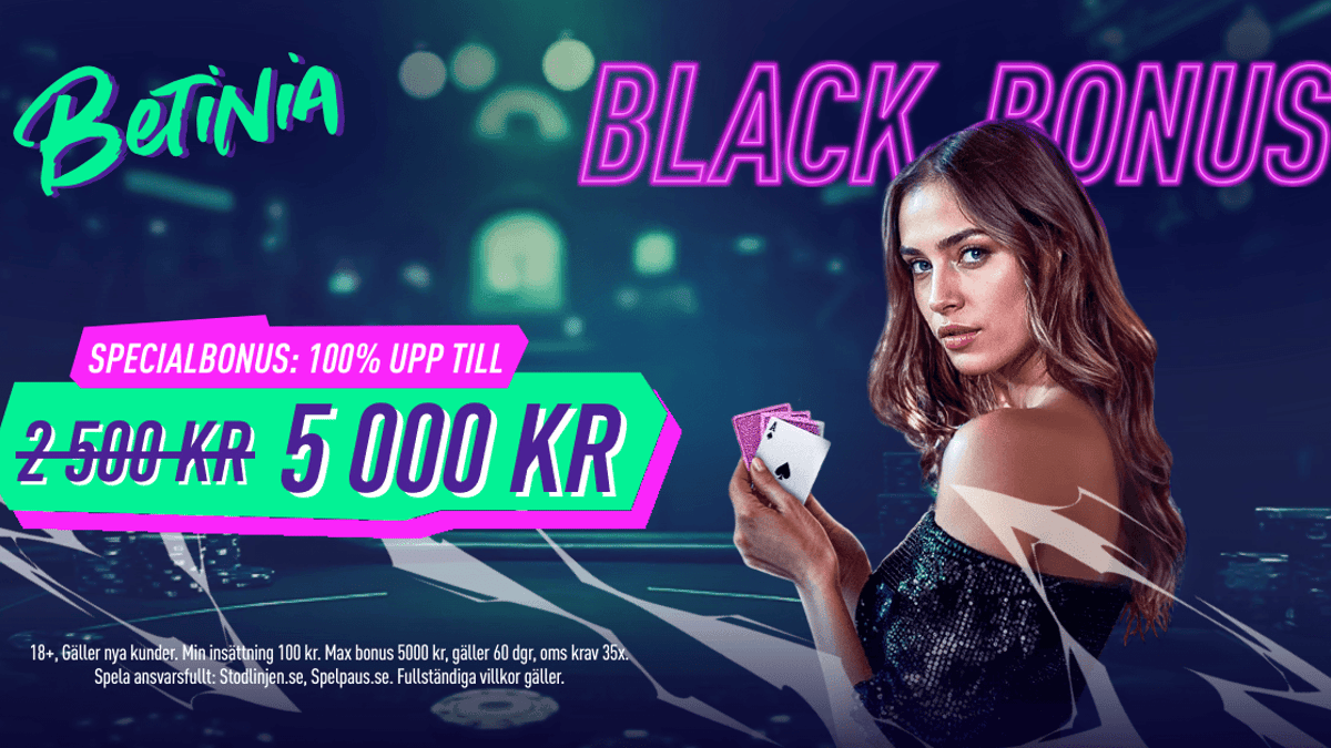 Fira Black Friday hos Betinia Casino med dubblad casino bonus upp till 5 000 KR! Fira Black Friday hos Betinia Casino med dubblad casino bonus upp till 5 000 KR!