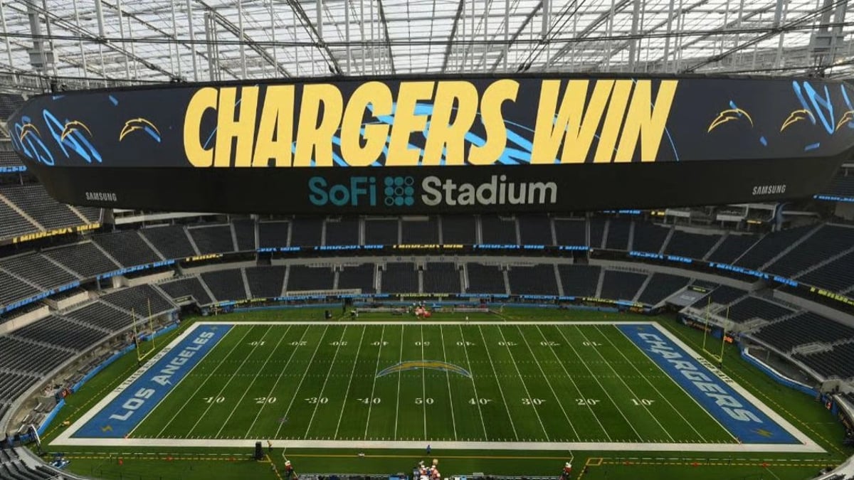A view of &quot;Chargers Win&quot; message on the oculus scoreboard SoFi Stadium in Los Angeles