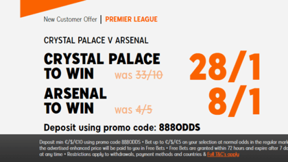 Back Crystal Palace at 28/1 or Arsenal at 8/1 with 888sport