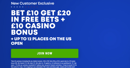 US Open Betting Offer: Bet £10 Get £20 + £10 Casino Bonus + Up to 12 Places available on the US Open