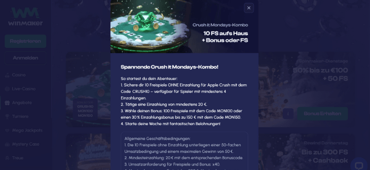 Winmaker Crush it Mondays - 10 Freispiele ohne Einzahlung + Spins oder Bonusgeld