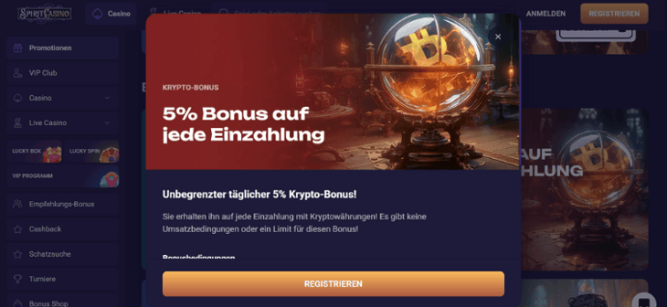 Spirit Casino - 5 % Crypto Bonus auf jede Einzahlung