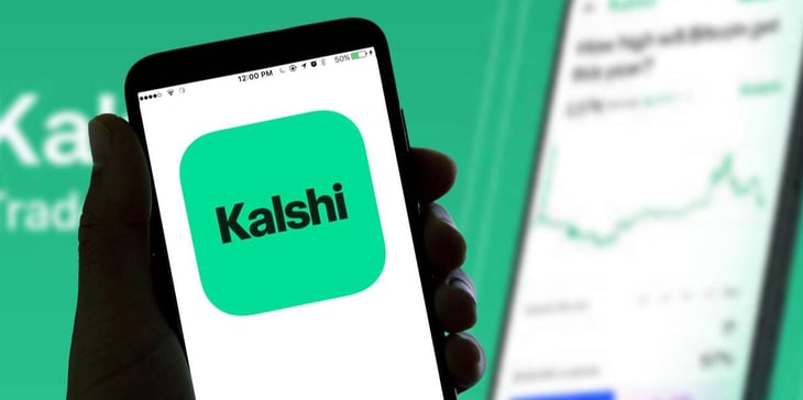 The online betting app Kalshi logo is seen on the screen of a mobile phone