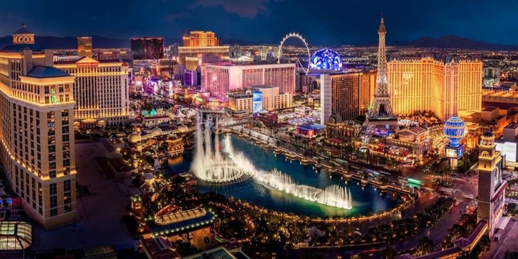 A view of several casinos on the Las Vegas Strip with the Sphere and Bellagio fountains visible