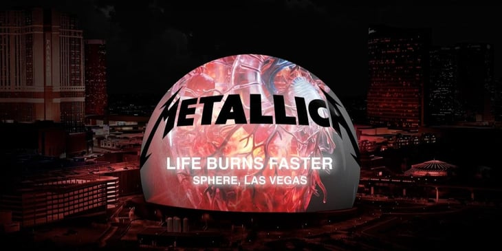 A picture of the Sphere with a Metallica logo and branding for their residency in 2026