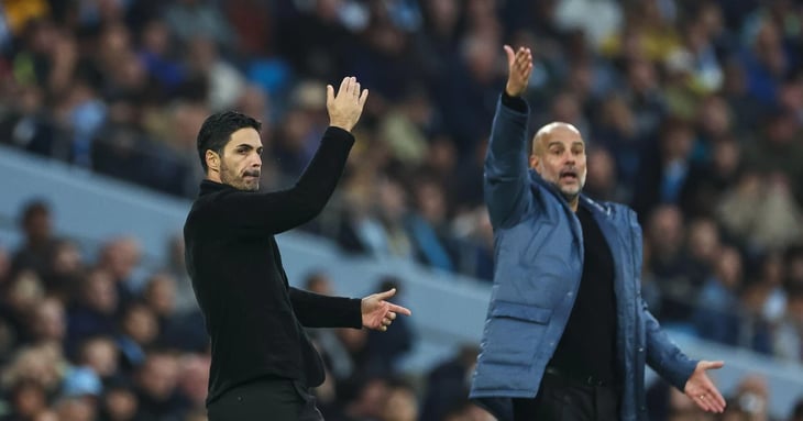 Arsenal boss Mikel Arteta (l) and Manchester City Pep Guardiola during the 2-2 draw between their sides in September at the Etihad Stadium