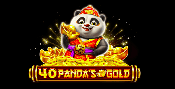 Cute cartoon panda dressed in traditional Chinese fortune costume holding gold ingot sitting on pile of gold coins, promotional artwork for 40 Panda's Gold slot game