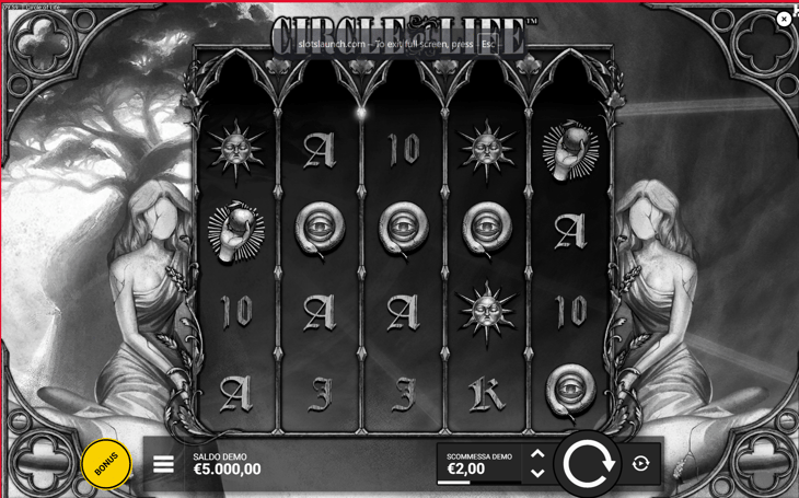 Circle of Life slot machine game with gothic statues, eye symbols, and sun symbols on a dark medieval themed 5-reel slot in demo mode