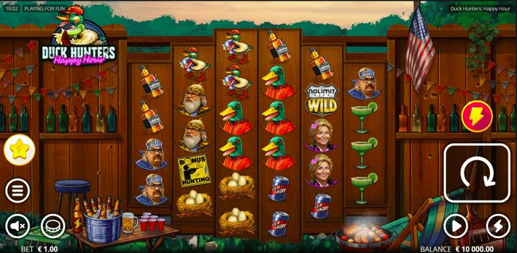 Duck Hunters Happy Hour online slot game by Nolimit City featuring duck symbols, whiskey bottles, and bonus hunting features on a backyard themed reel set