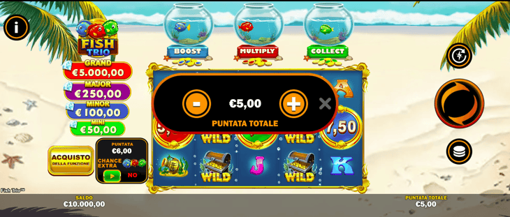Fish Trio slot machine game showing a €5.00 total bet adjustment screen with jackpot prizes and wild symbols on a beach-themed interface
