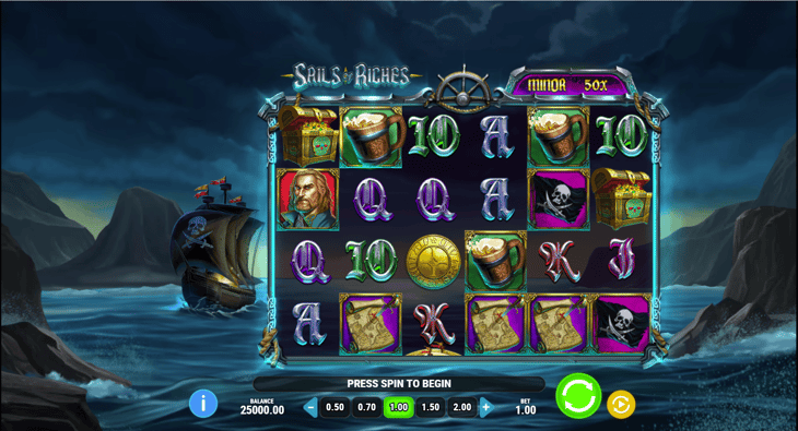 Sails of Riches pirate-themed slot game with 5x4 grid showing treasure chests, pirate captain, and Jolly Roger symbols on stormy ocean background