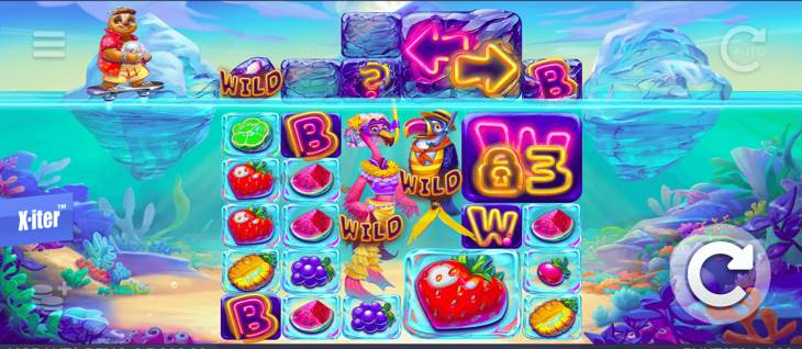 Colorful fruit-themed slot machine game with wild symbols, flamingo and penguin characters, and ice cube reels set in an underwater scene